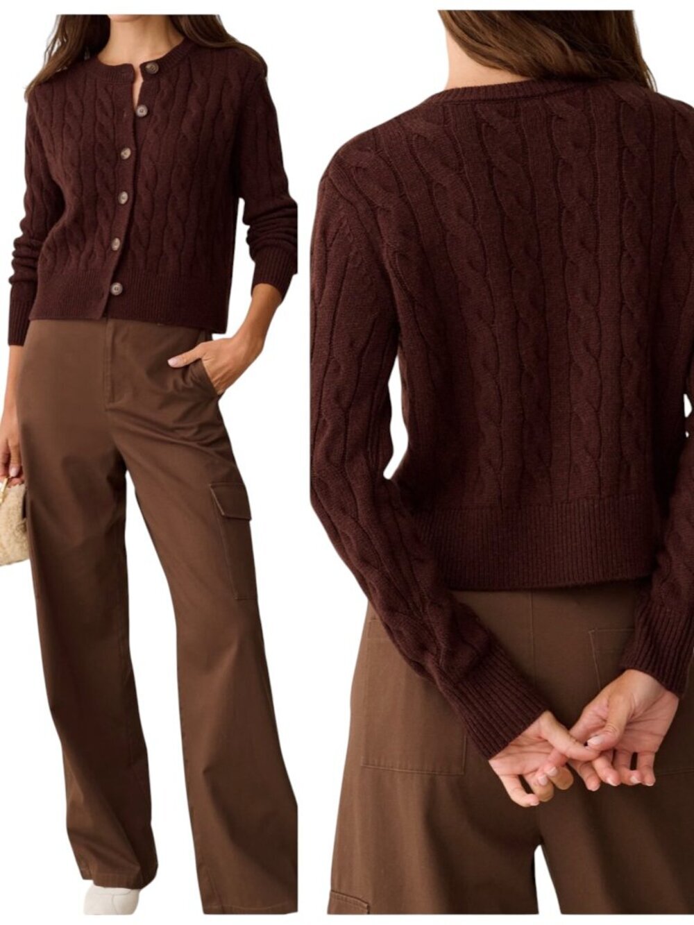 Kourt Siena 100% Wool Cable Knit Cardigan Sweater Brown S